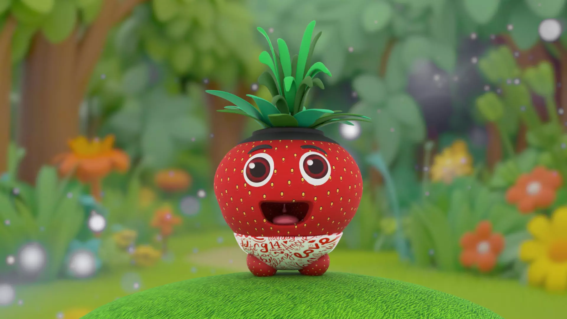 A cute strawberry character stands in a vibrant Low-poly 3D model_0