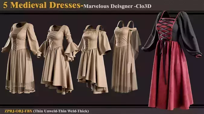5 Medieval Dress-MD-Clo3D-ZPRJ - FBX - OBJ