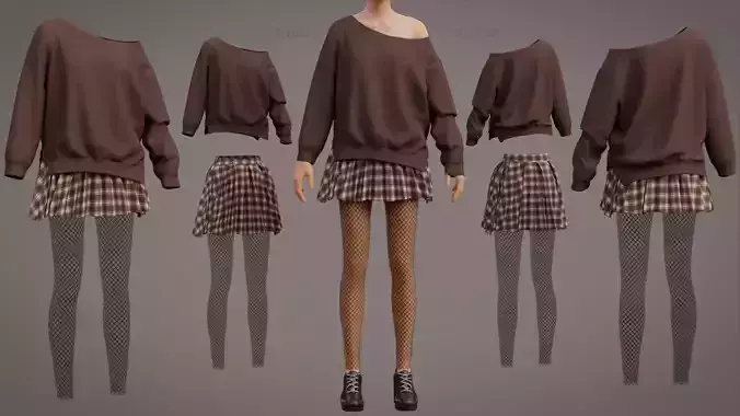 Plaid Mini Skirt Knit Sweater Cardigan Fishnet Tights y2K Outfit 3D model