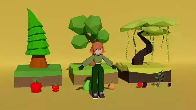 Low poly chracter trees and fruits Free low-poly 3D model
