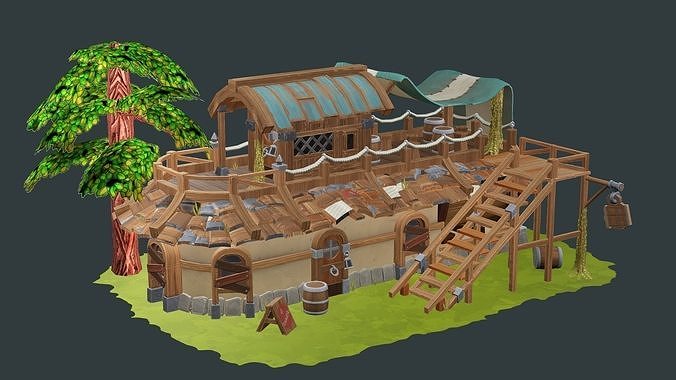 Cartoon Farm House With Tree And Grass Low Poly 3D Model Low-poly 3D model