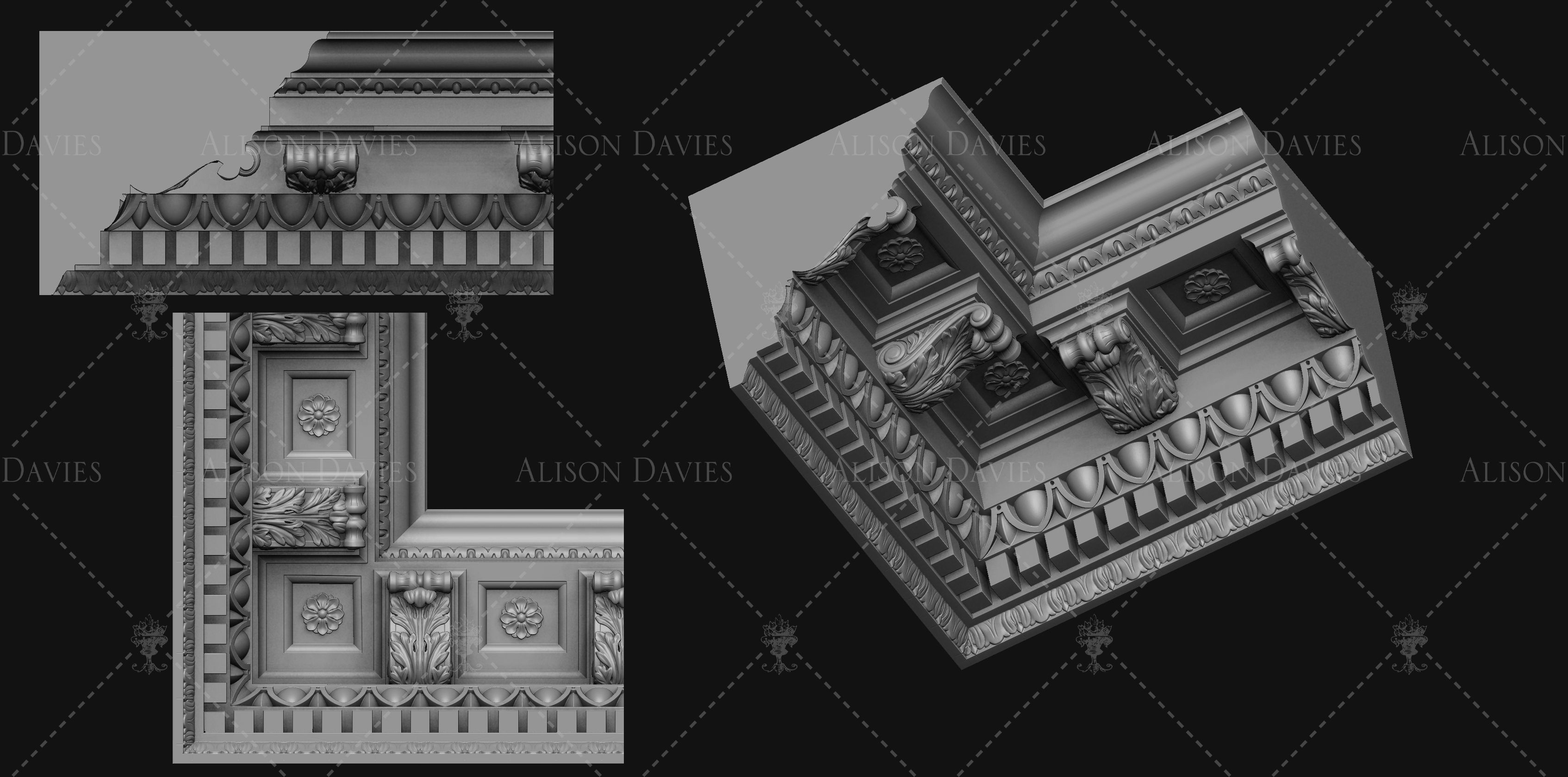 Dentil Acanthus Bracket Cornice for dollhouse 3D print model 3D print model_3