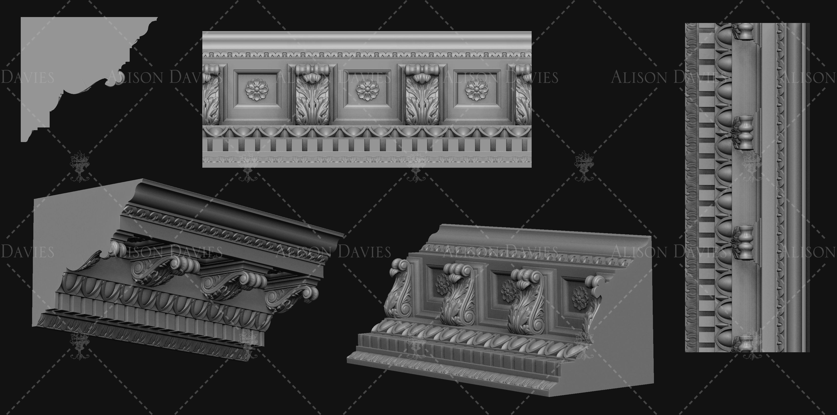 Dentil Acanthus Bracket Cornice for dollhouse 3D print model 3D print model_1