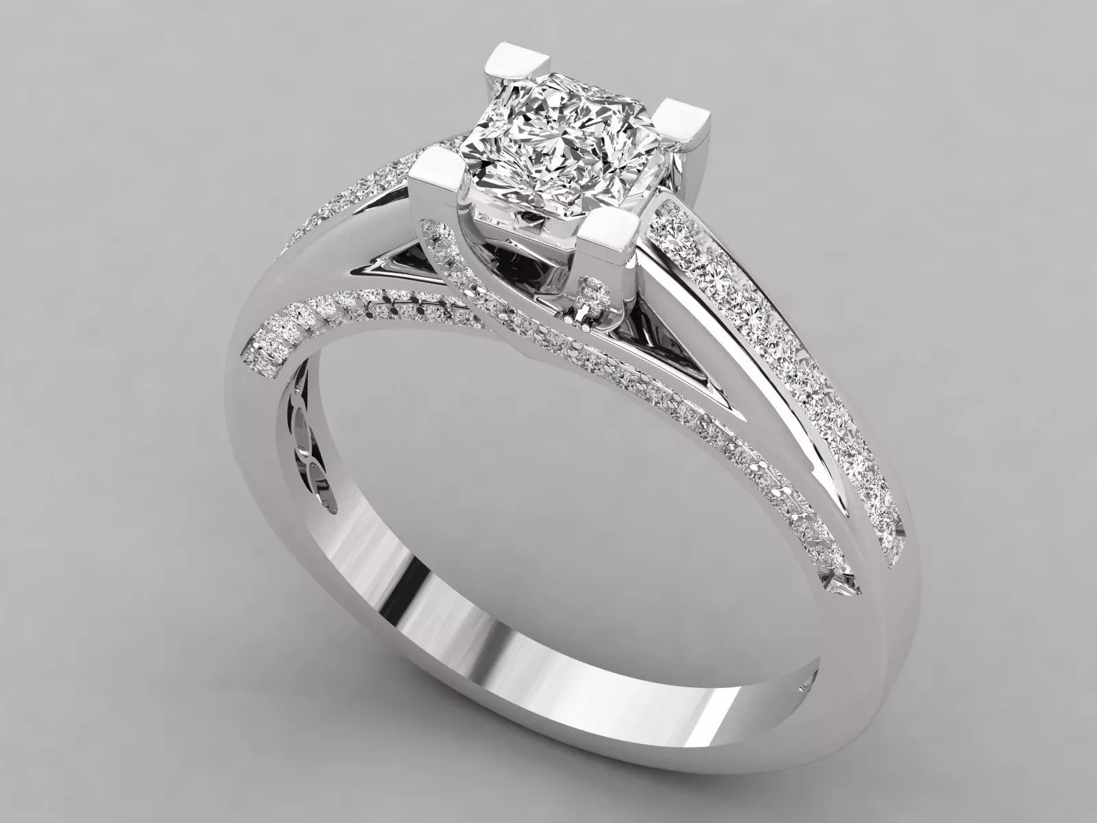 Pave Set Side Stone Radiant Engagement Ring 3D print model