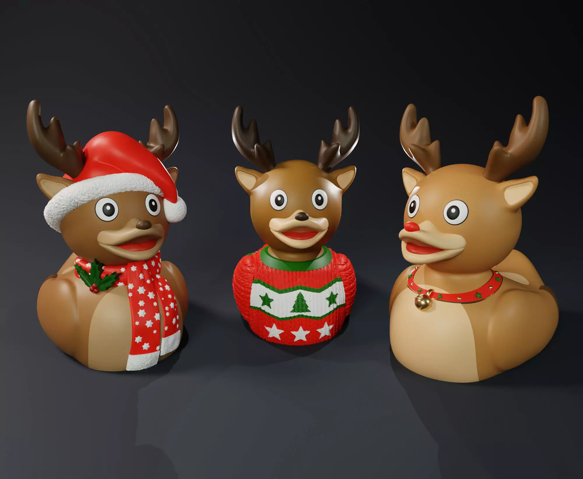Cute Christmas Raindeer Rubber Ducks Pack 3D print model_0