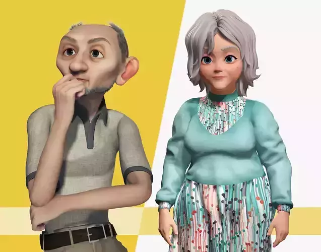 Grandma and Grandpa cartoon character RealTime family 3D Model Collection