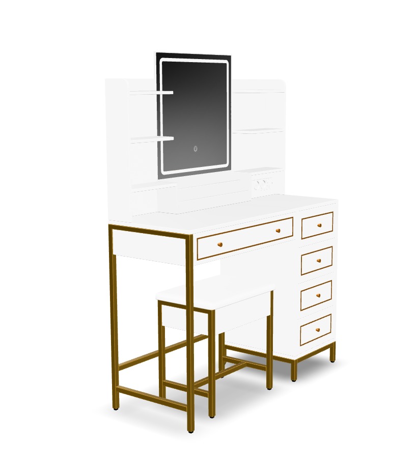 Dressing Table Set with LED High Gloss White Engineered Wood 2 3D model_2