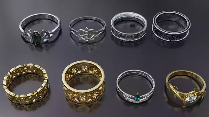 A set of gold and silver rings with a Celtic motif