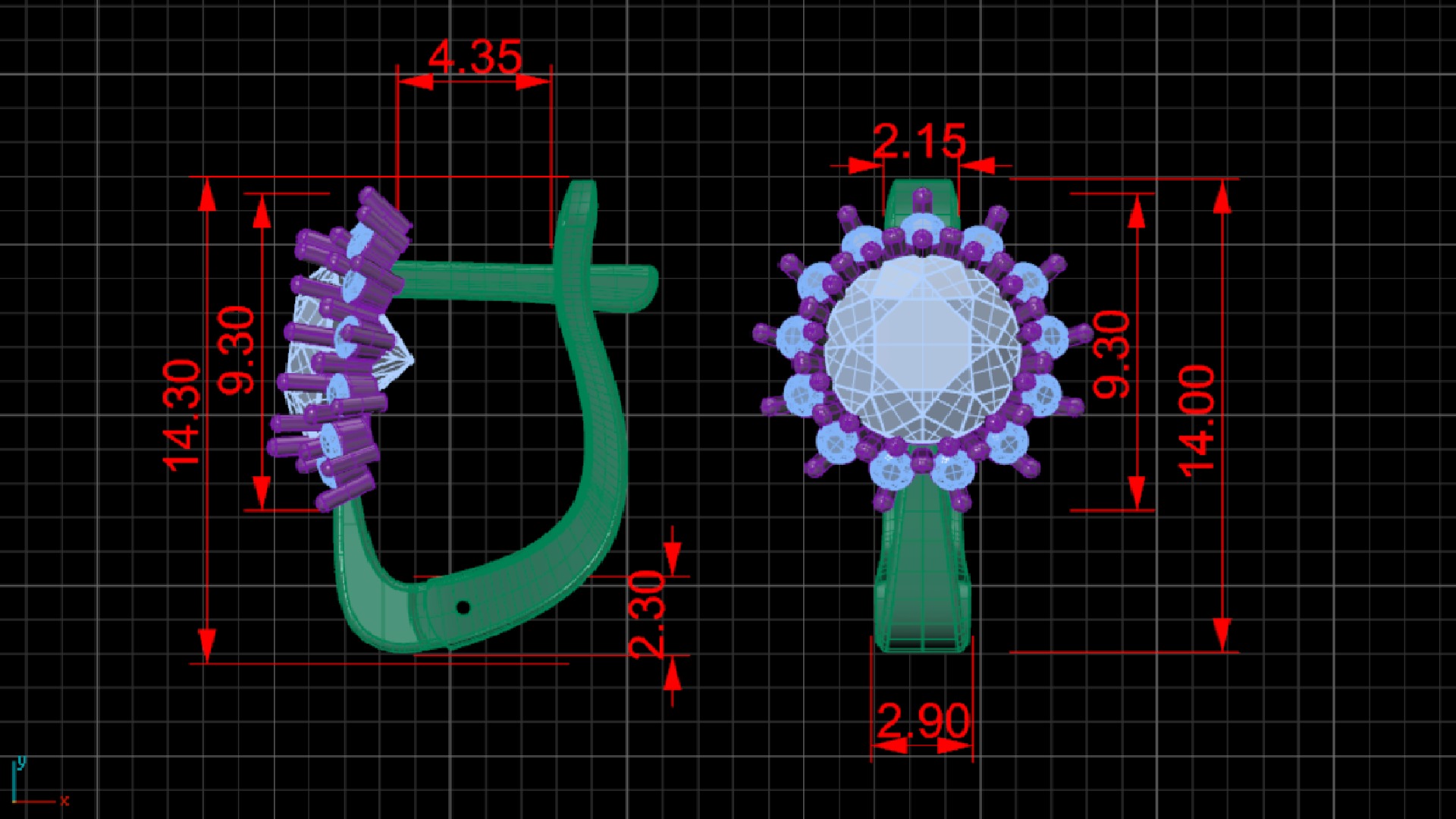 Earrings with round gem and diamond galo for CNC or  3D print model_12