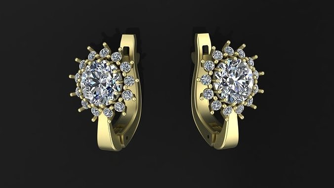 Earrings with round gem and diamond galo for CNC or  3D print model