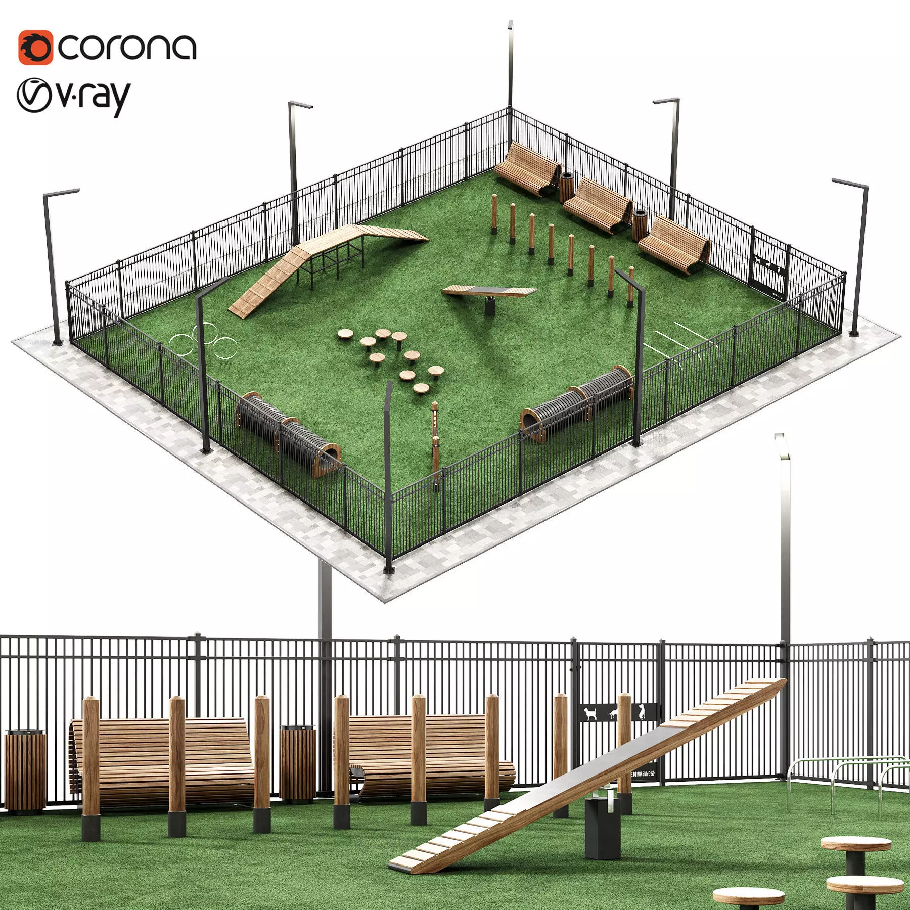 Dog walking area gym 3D model_0