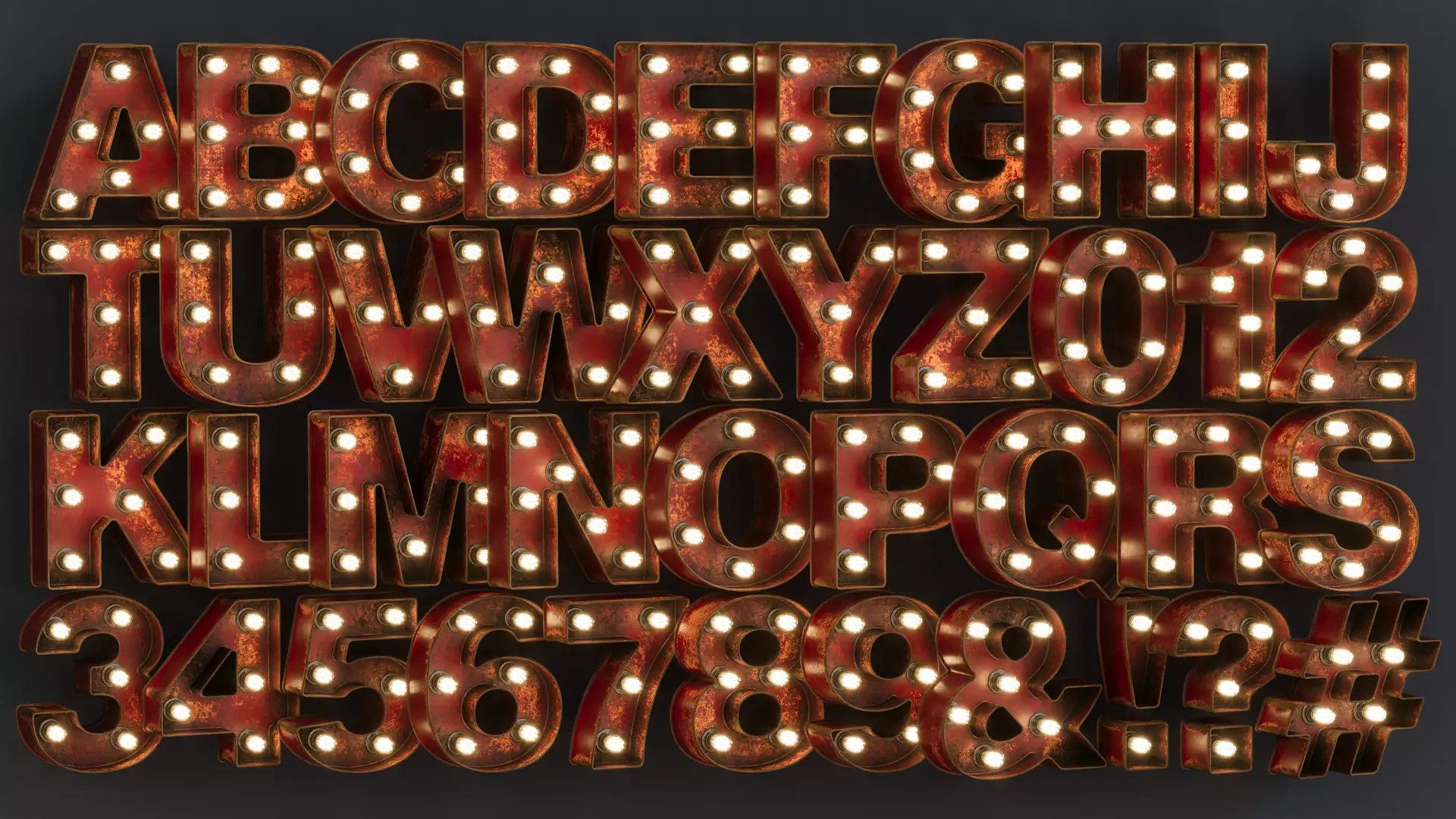 Vintage Metallic Red Rusty Lamps Alphabet Pack 40 pcs 3D model