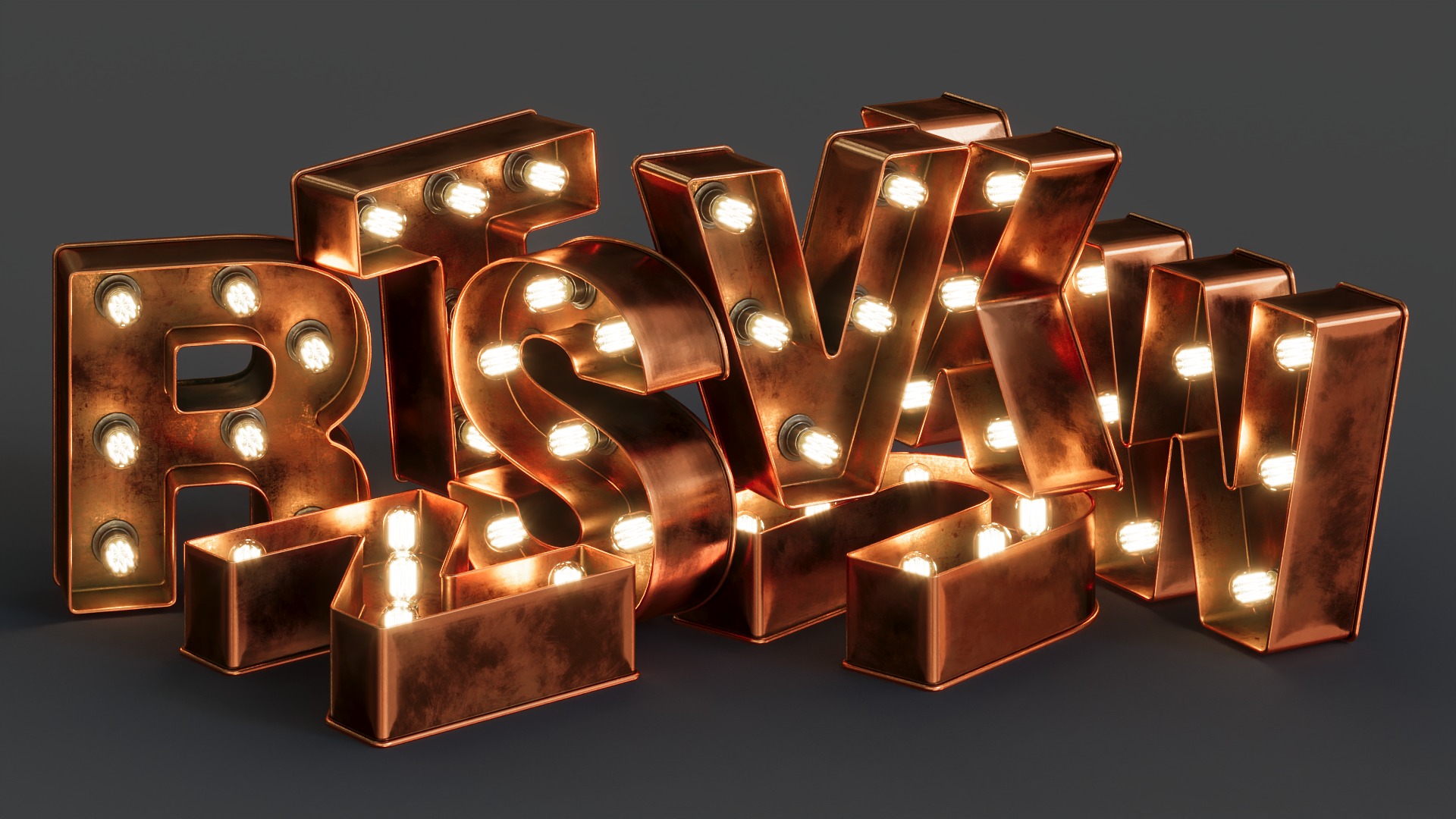 Vintage Metallic Copper Lamps Alphabet Pack 40 pcs 3D model_4
