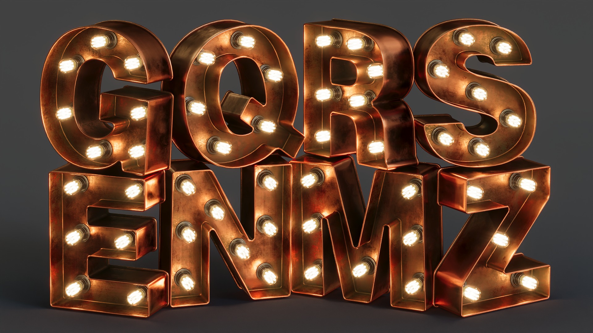 Vintage Metallic Copper Lamps Alphabet Pack 40 pcs 3D model_1