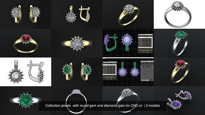 Collection jewels  with round gem and diamond galo for CNC or  