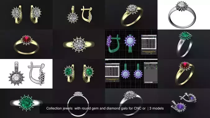 Collection jewels  with round gem and diamond galo for CNC or 