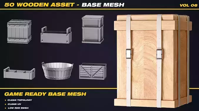 50 Wooden Asset Base Mesh - VOL 06 - Game Ready