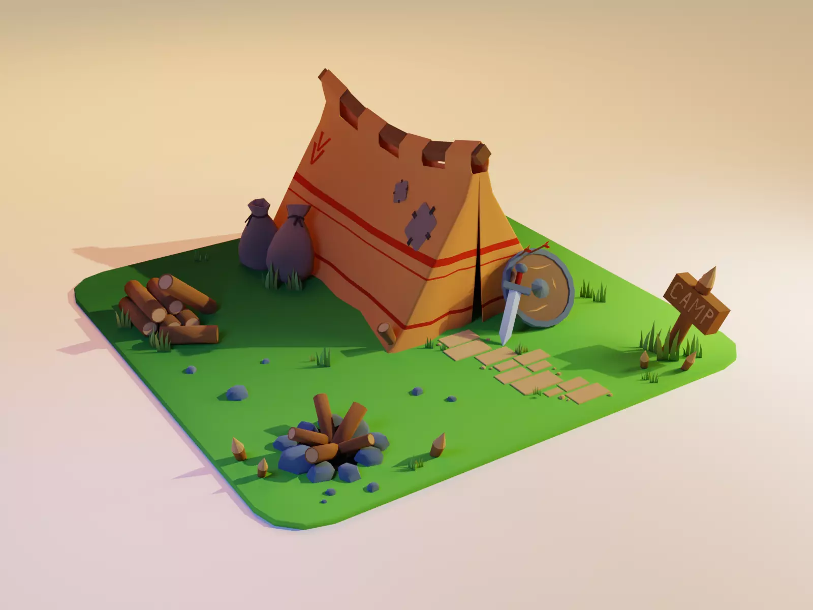 Lone warrior camp Low-poly 3D model_0