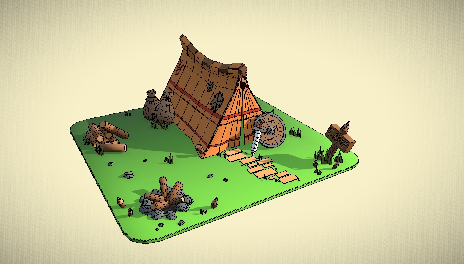Lone warrior camp Low-poly 3D model_2