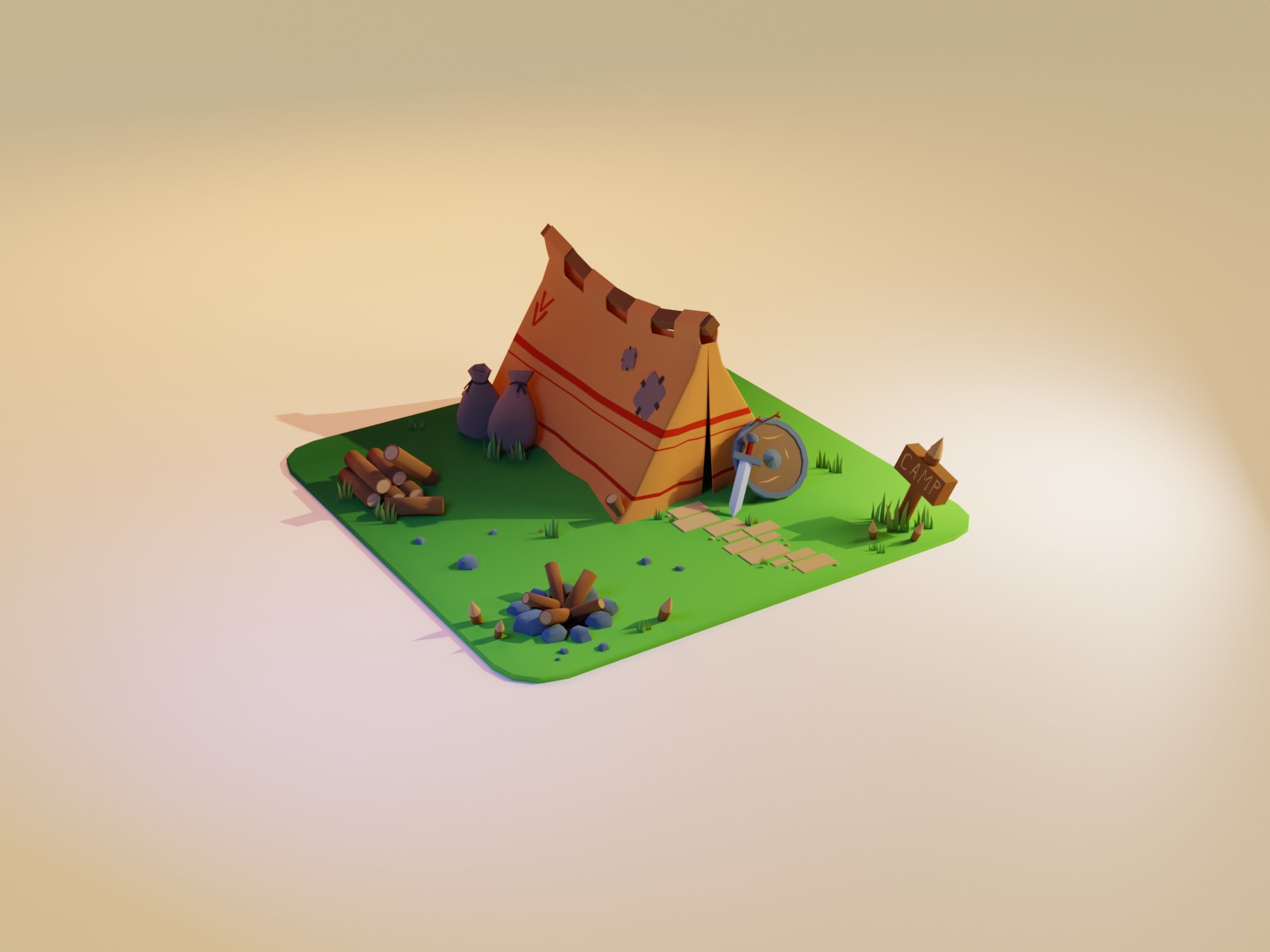 Lone warrior camp Low-poly 3D model_1