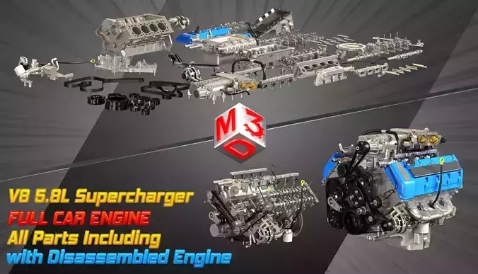 V8 Supercharger with Disassembled Car Engine 3D Model Collection