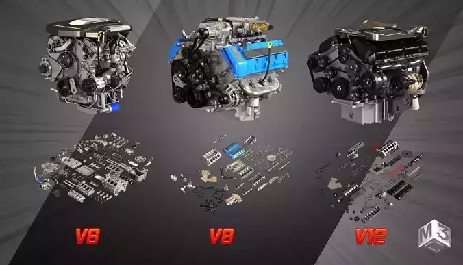 V6 V8 V12 Full internal and external parts - Disassembled Parts 3D Model Collection