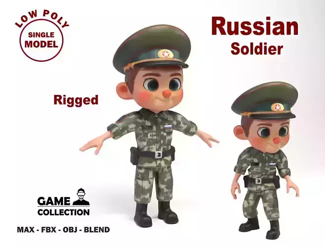Russian soldier cartoon Low-poly 3D model