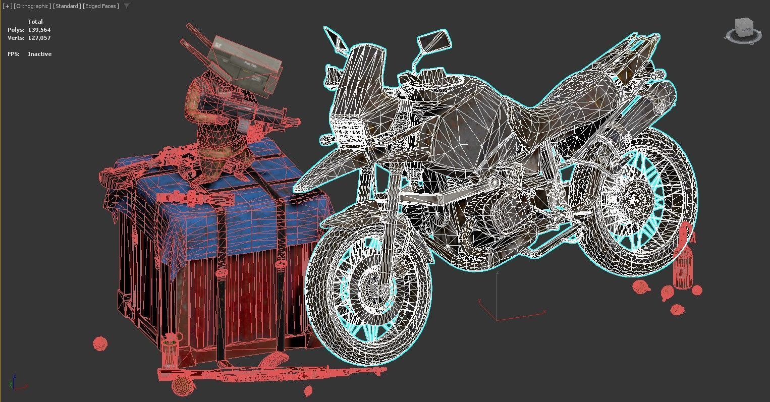 3D rendered scene featuring a rusty motorcycle Low-poly 3D model_3