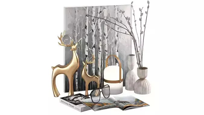Decorative Set With Birches And Deer