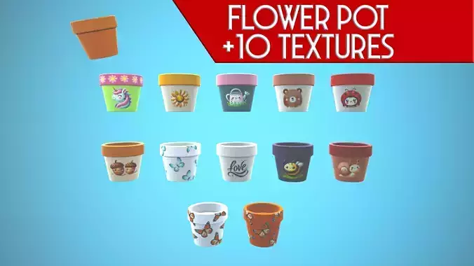 FLOWER POT CARTOON STYLIZED 12 TEXTURES Low-poly 3D model