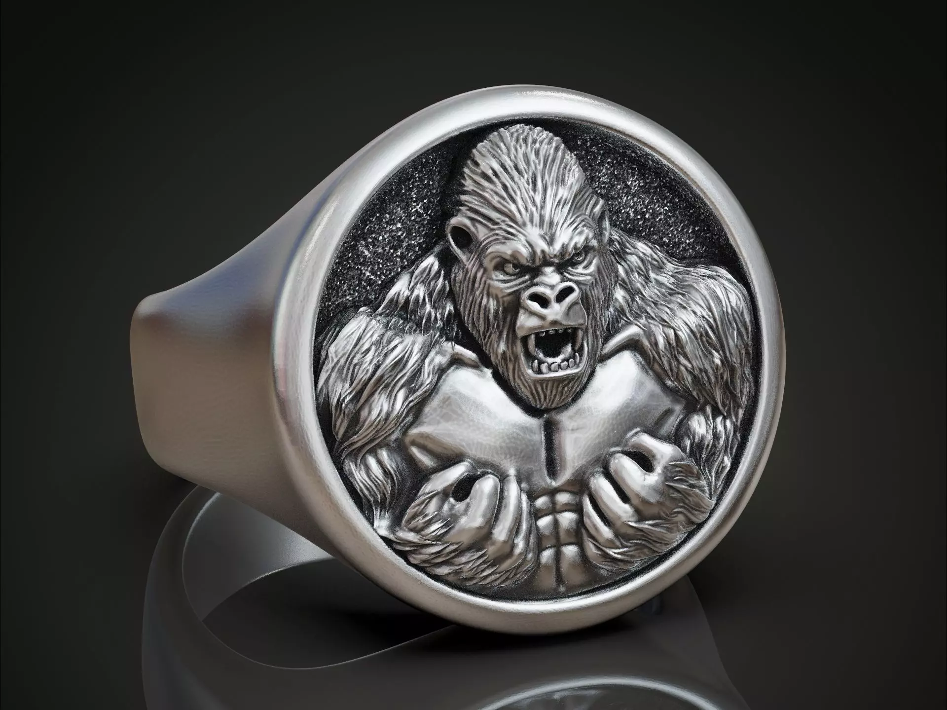 Angry Gorilla Statement Ring Round Detailed 3D print model_0