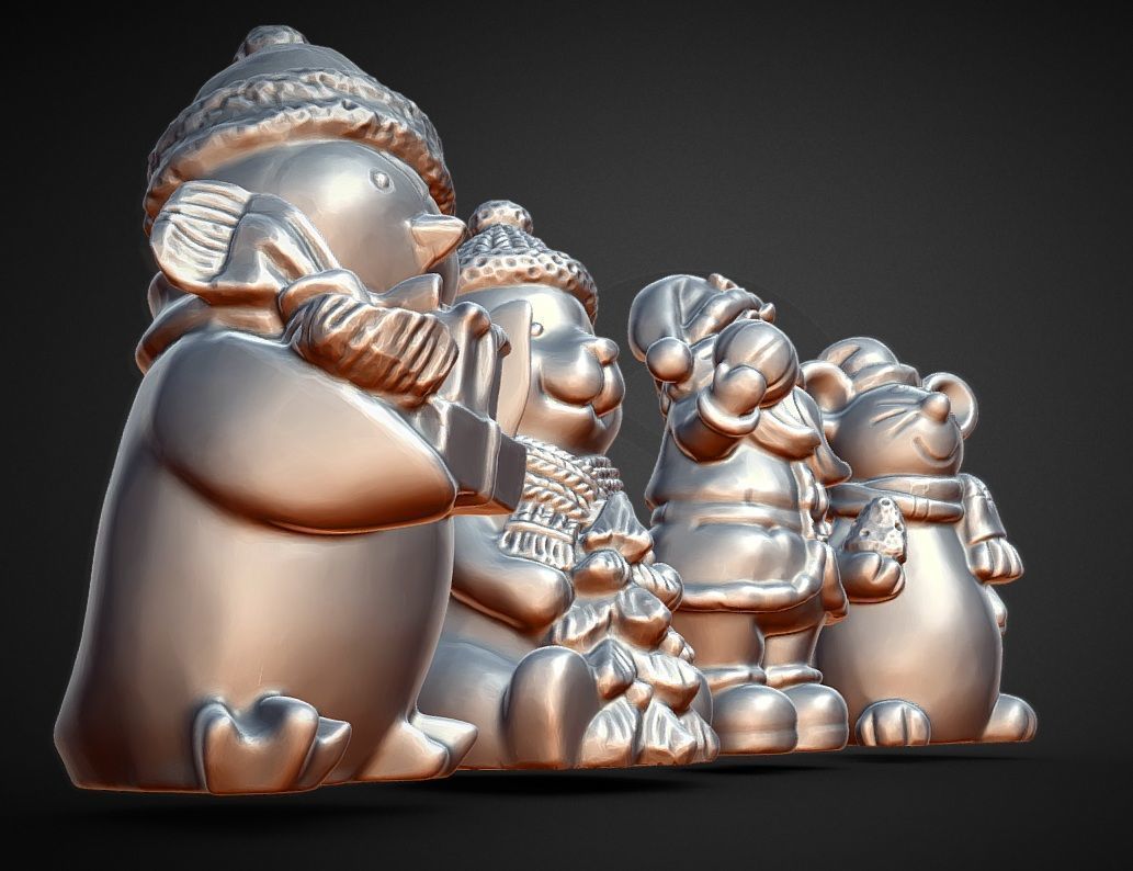 5  Christmas statues  Santa mouse bear  penguin top hat snowman 3D print model_1