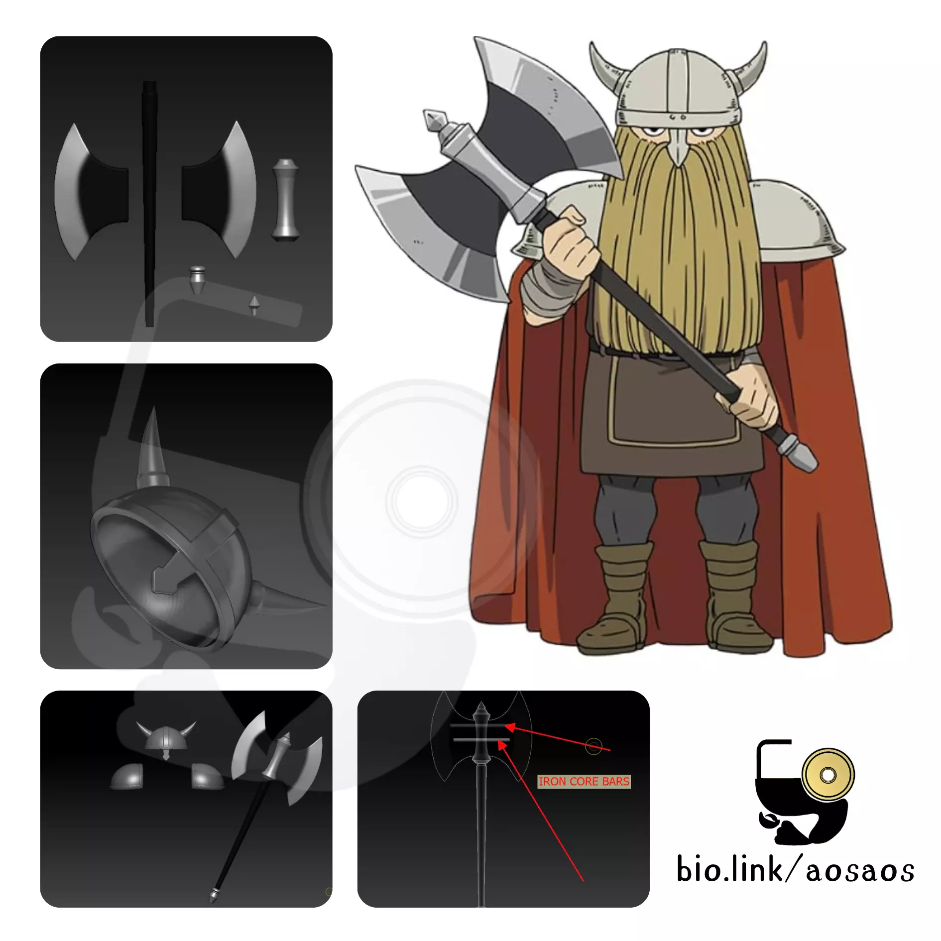EISEN Frieren Helmet Axe Shoulder Armor Cosplay Prop STL OBJ 3D print model_0