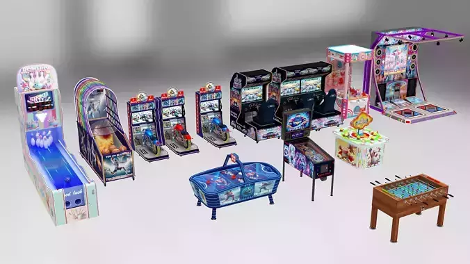 Arcade Game Room props package 12 pieces game machines  3D model