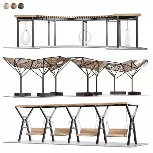 Set of pergolas gazebos canopies with swings benches  3D model