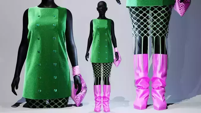 Button Down Green Dress with Hot Pink Boots and Tote Fitten Gen8 3D model