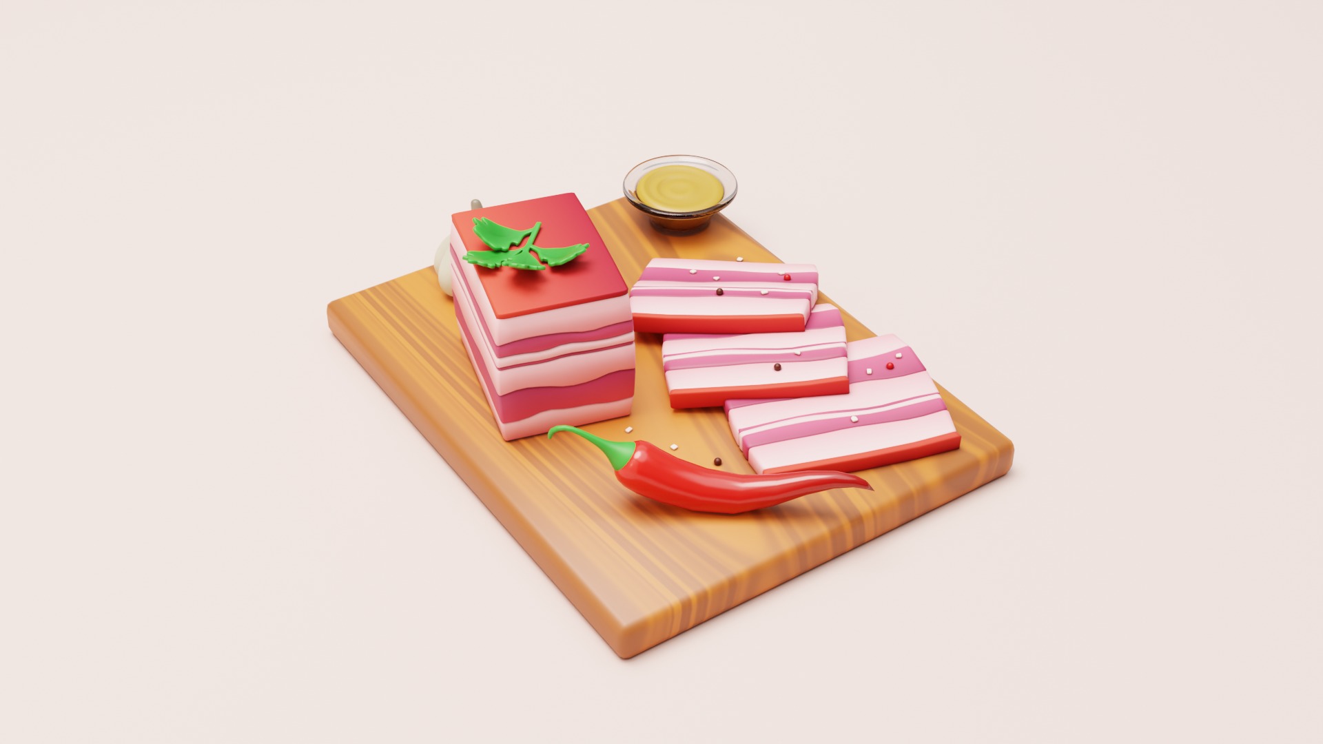 Stylized Pork Salo on a Cutting Board 3D model_5