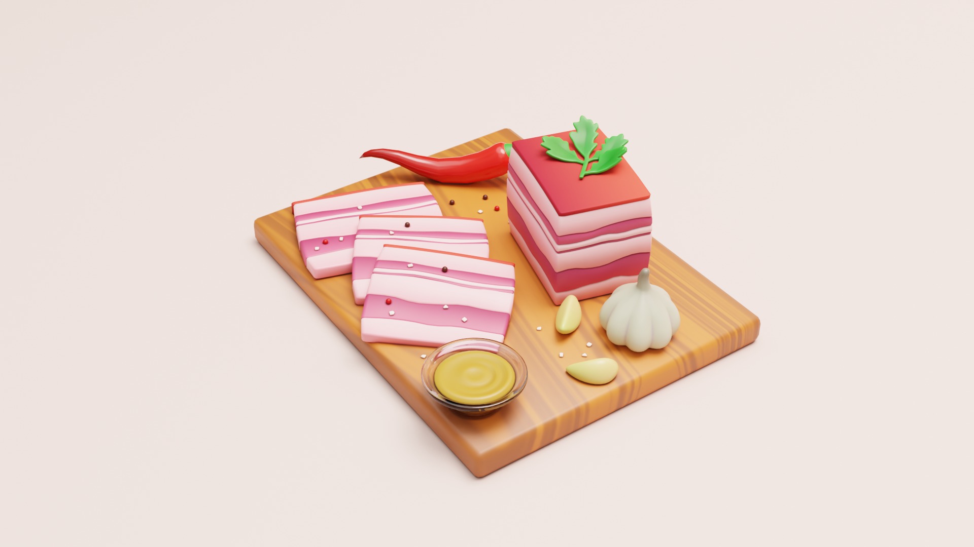 Stylized Pork Salo on a Cutting Board 3D model_6