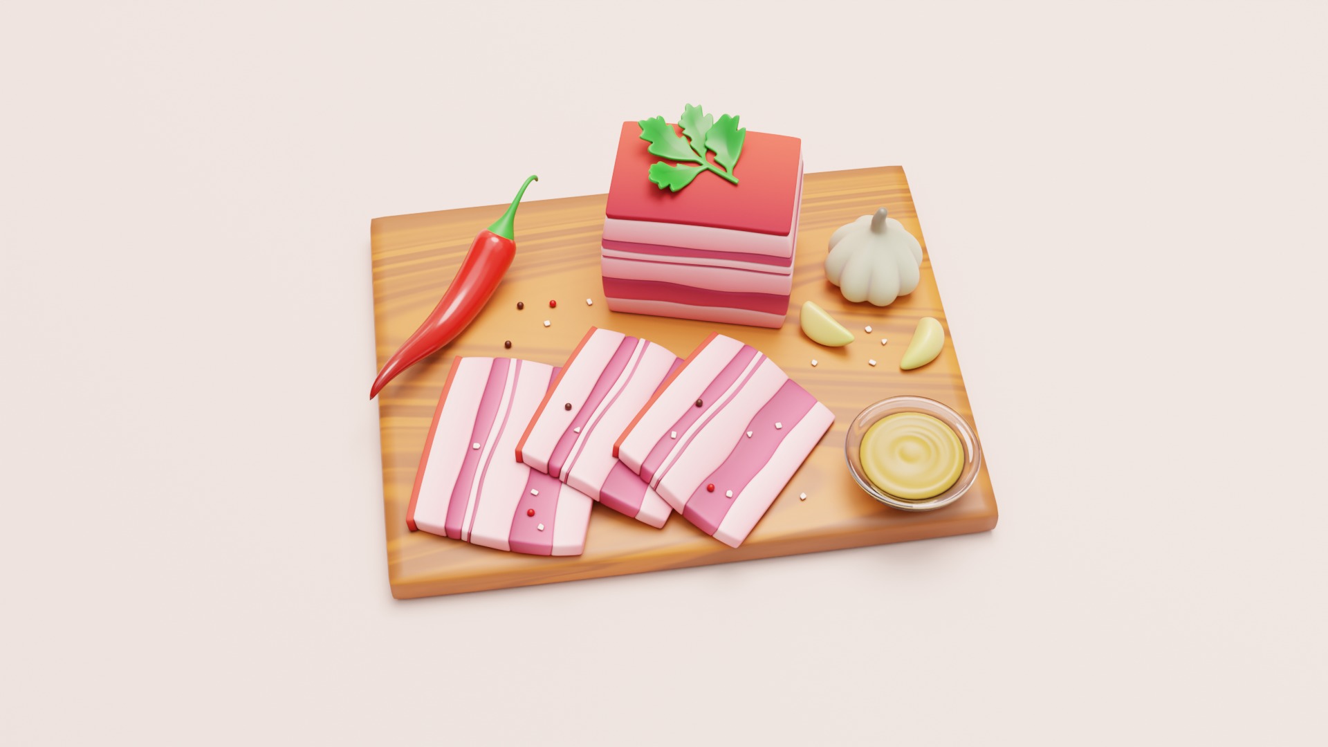 Stylized Pork Salo on a Cutting Board 3D model_1
