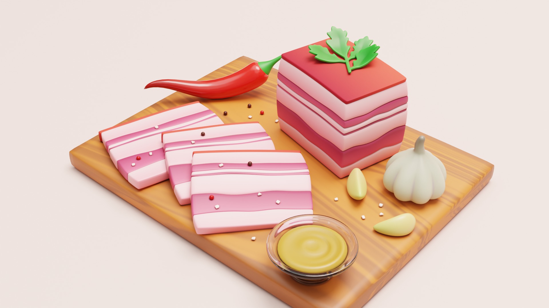 Stylized Pork Salo on a Cutting Board 3D model_2