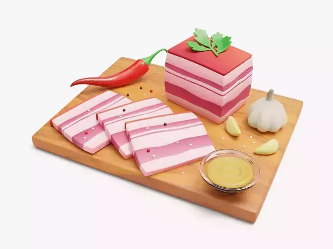Stylized Pork Salo on a Cutting Board 3D model