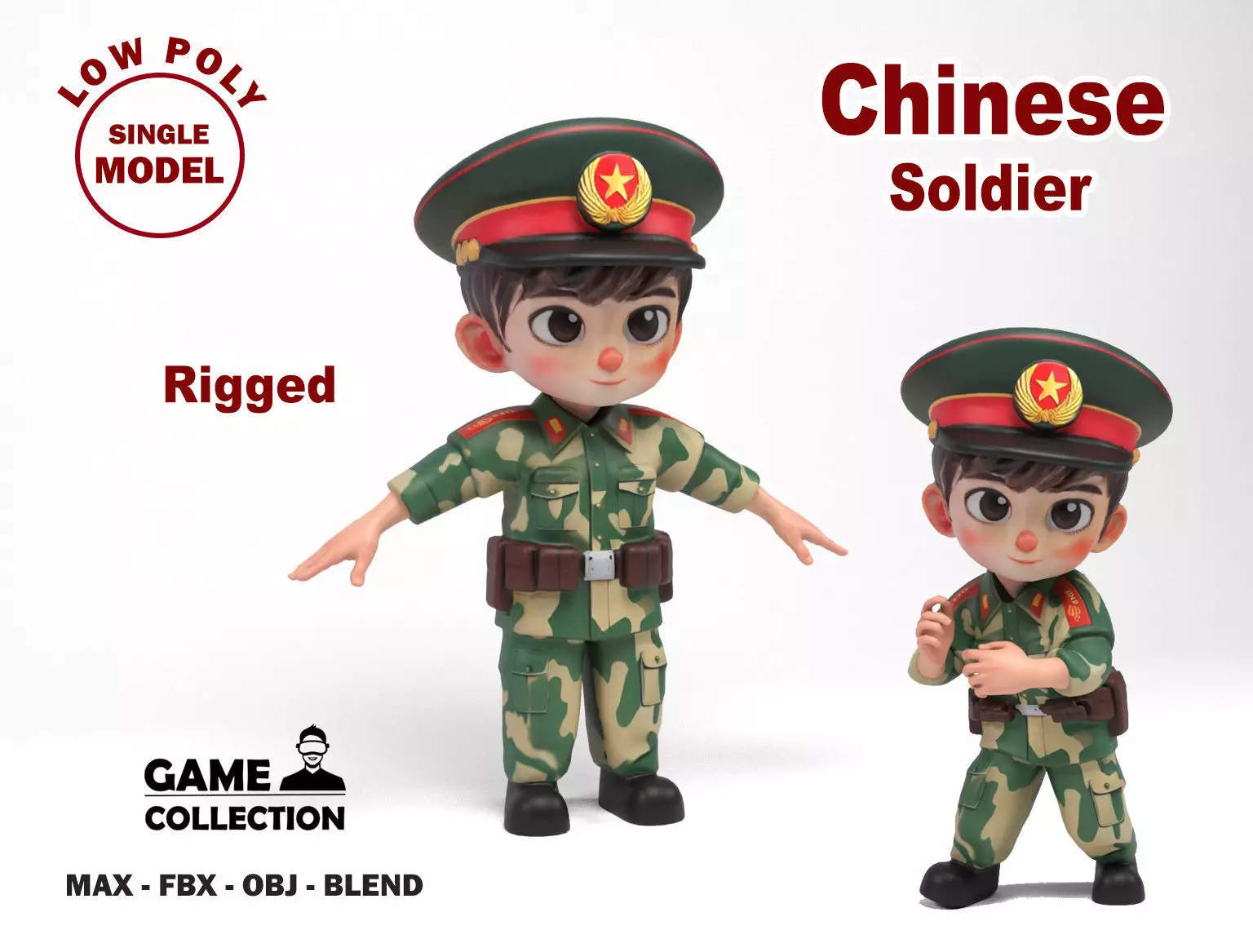 Chinese soldier cartoon Low-poly 3D model_0