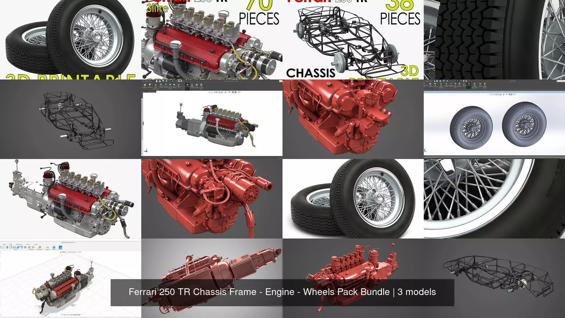 Ferrari 250 TR Chassis Frame - Engine - Wheels Pack Bundle 3D Model Collection_2