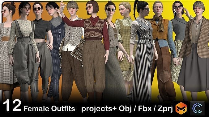 12 Female outfits Marvelous designer and Clo3D Project  Low-poly 3D model