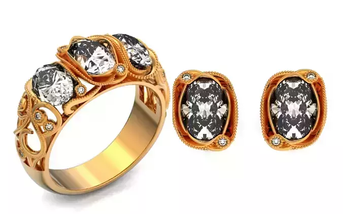 set ring 3 stone and stud earrings 1452