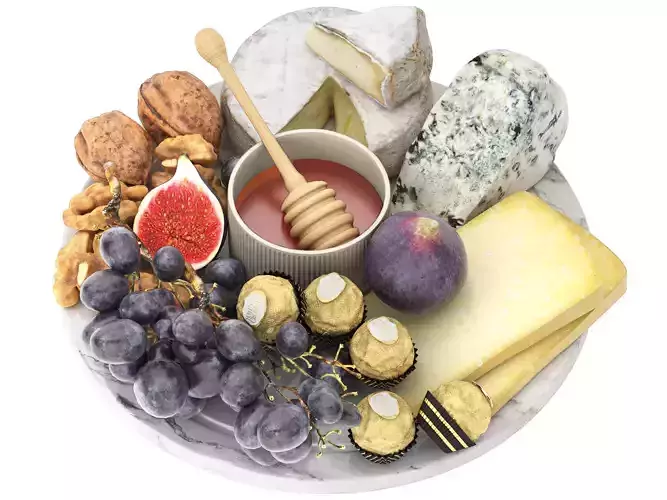 plate of honey and cheese with grapes walnuts and figs