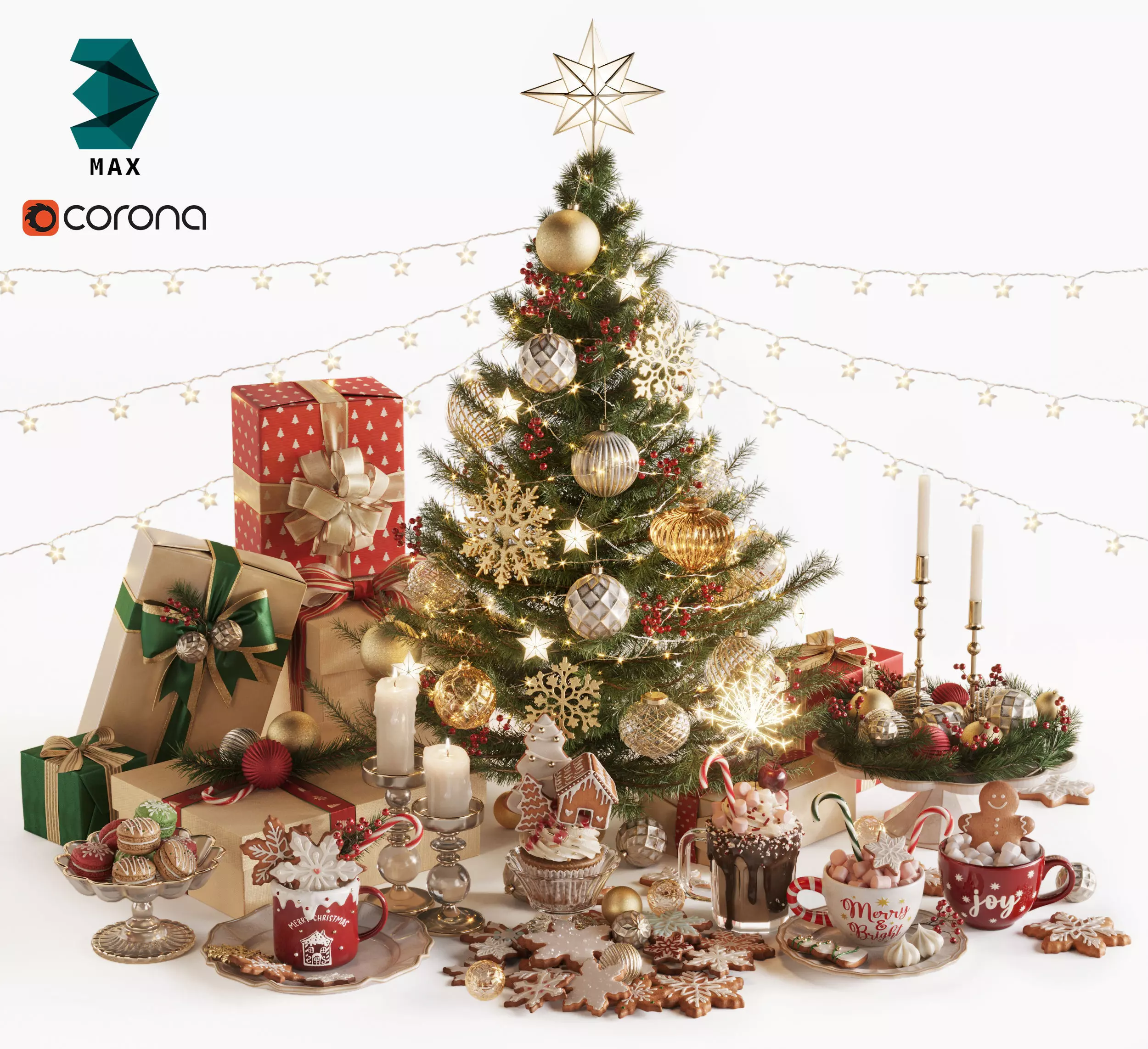 Christmas and New Year Decorations with Christmas tree  3D model_0