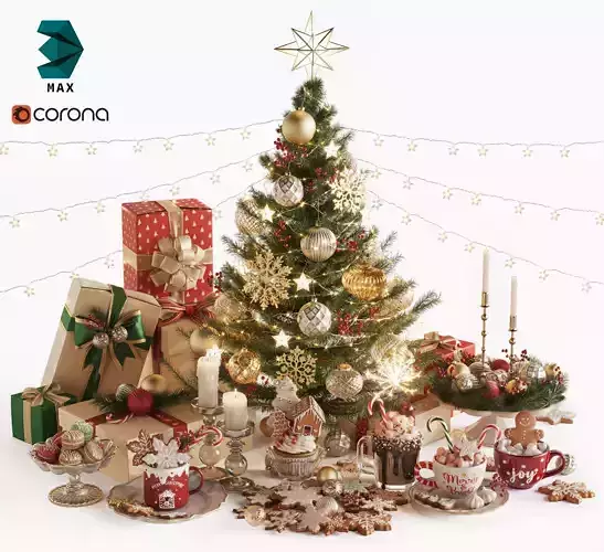 Christmas and New Year Decorations with Christmas tree  3D model