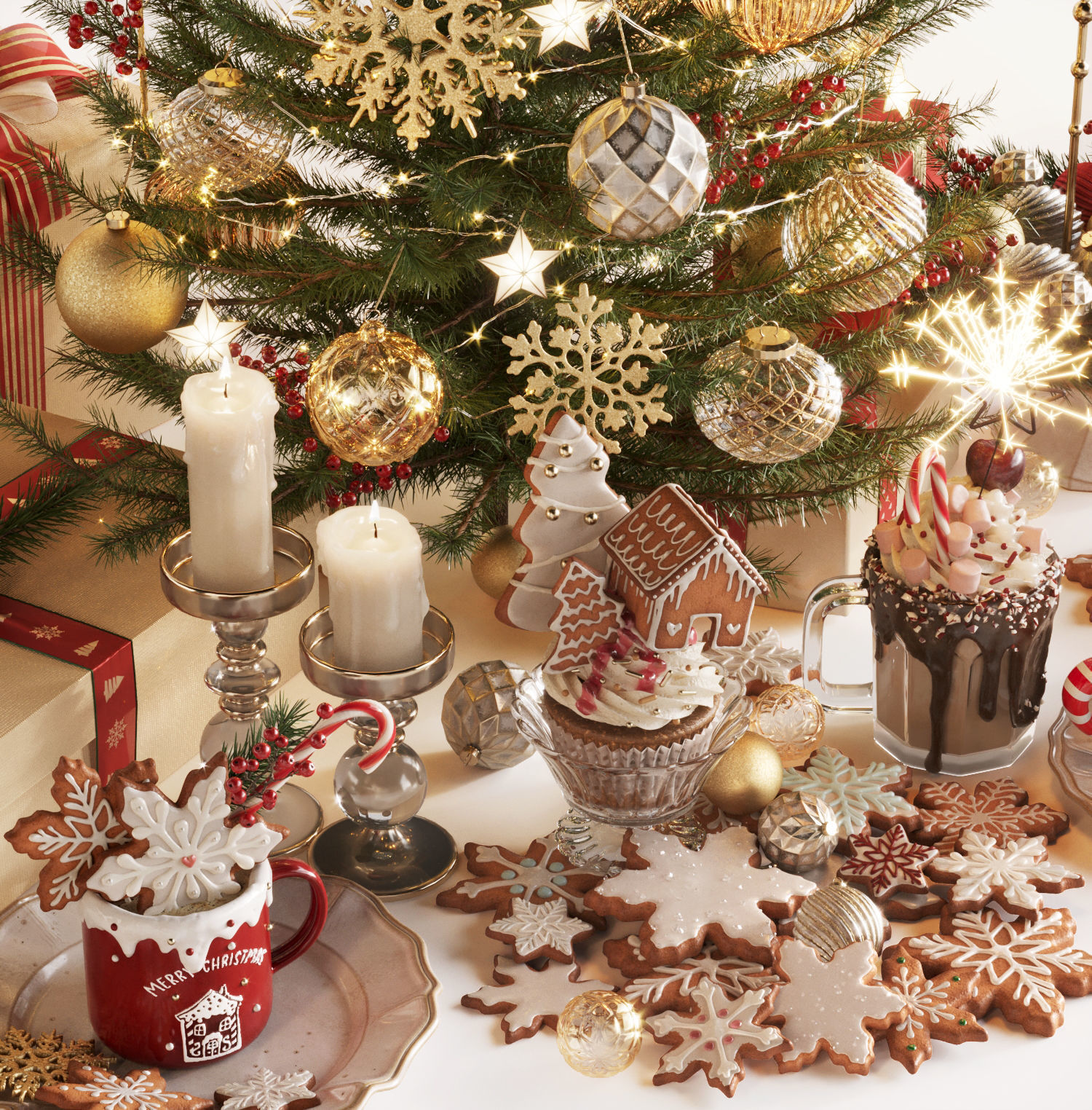 Christmas and New Year Decorations with Christmas tree  3D model_4