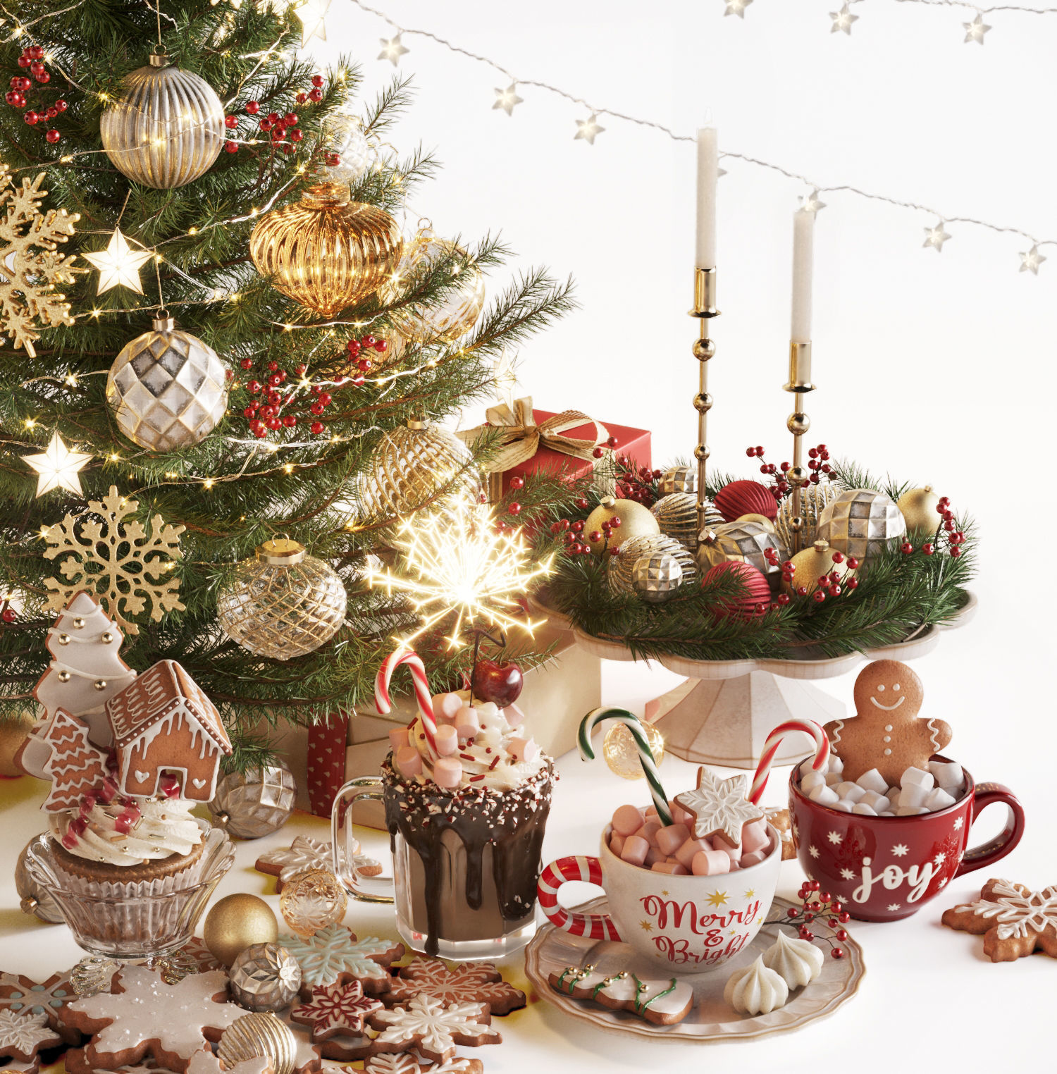 Christmas and New Year Decorations with Christmas tree  3D model_1